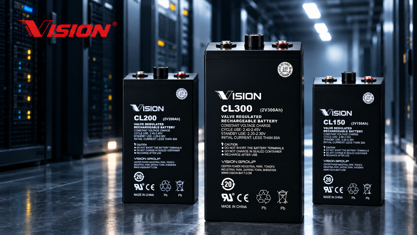 VISION CLシリーズの製品イメージ。CL100・CL200・CL300の据置鉛蓄電池